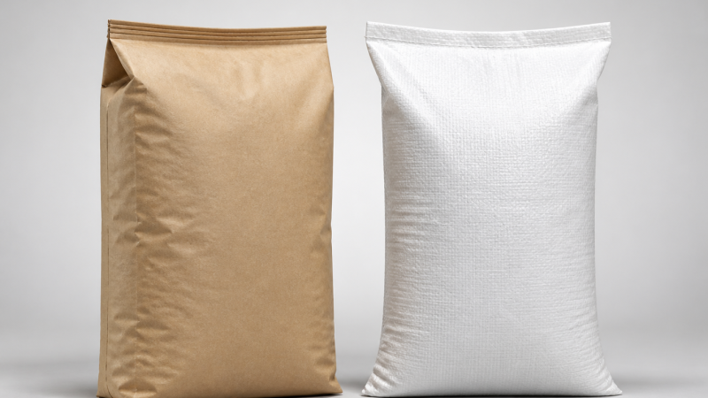 Multiwall paper bags vs polypropylene bags: two stacks of industrial bags on a wooden pallet in a warehouse: one stack of bro
